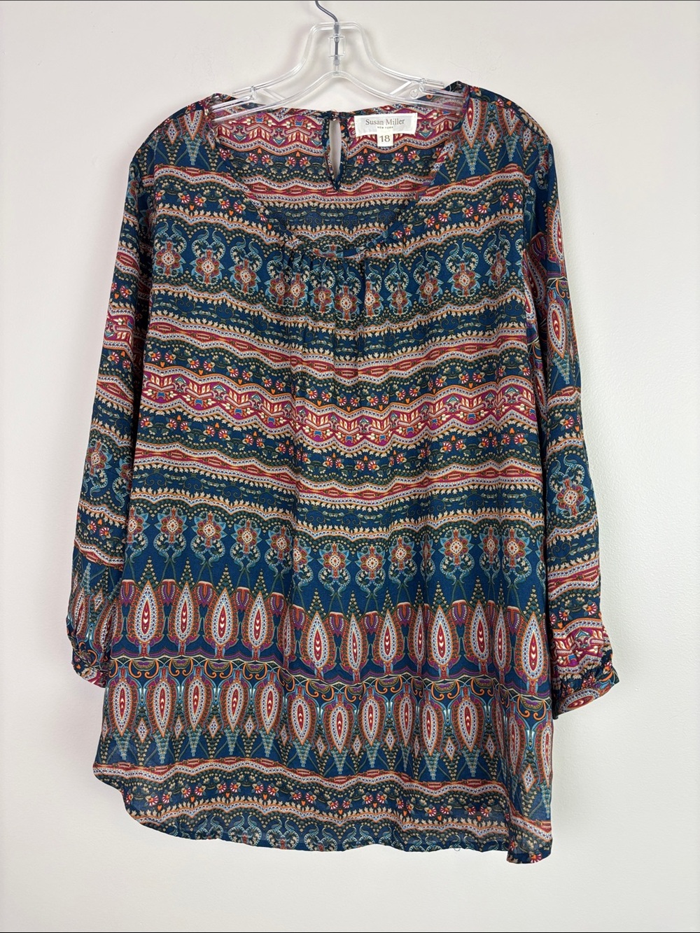 Susan Miller New York Rayon Teal & Multi Paisley Print Tunic Blouse Sz 18